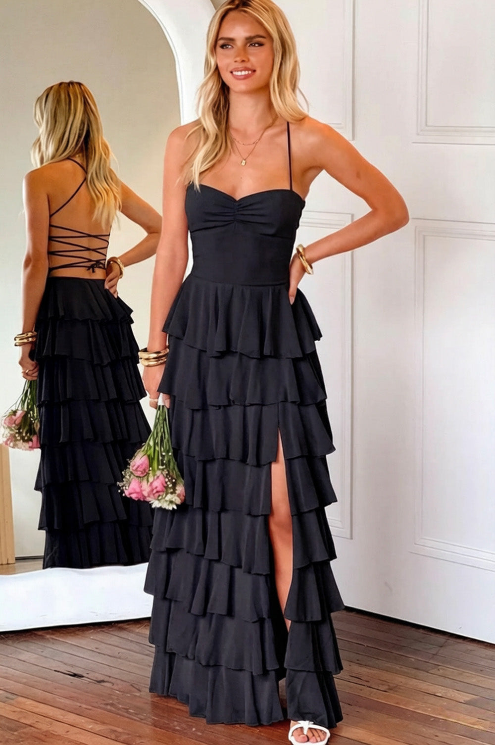 Pink Ruffle Tiered Spaghetti Straps Lace-Up Back Prom Dress with Slit