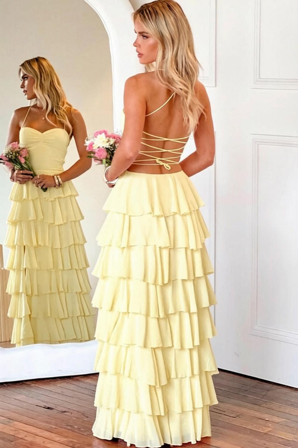 Pink Ruffle Tiered Spaghetti Straps Lace-Up Back Prom Dress with Slit