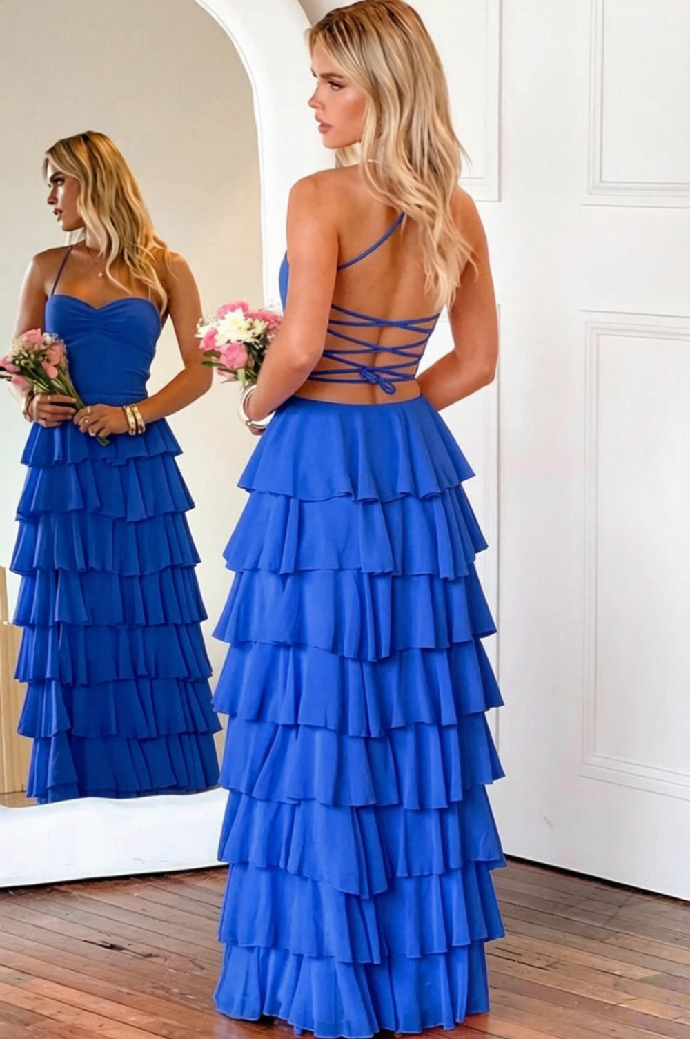 Pink Ruffle Tiered Spaghetti Straps Lace-Up Back Prom Dress with Slit