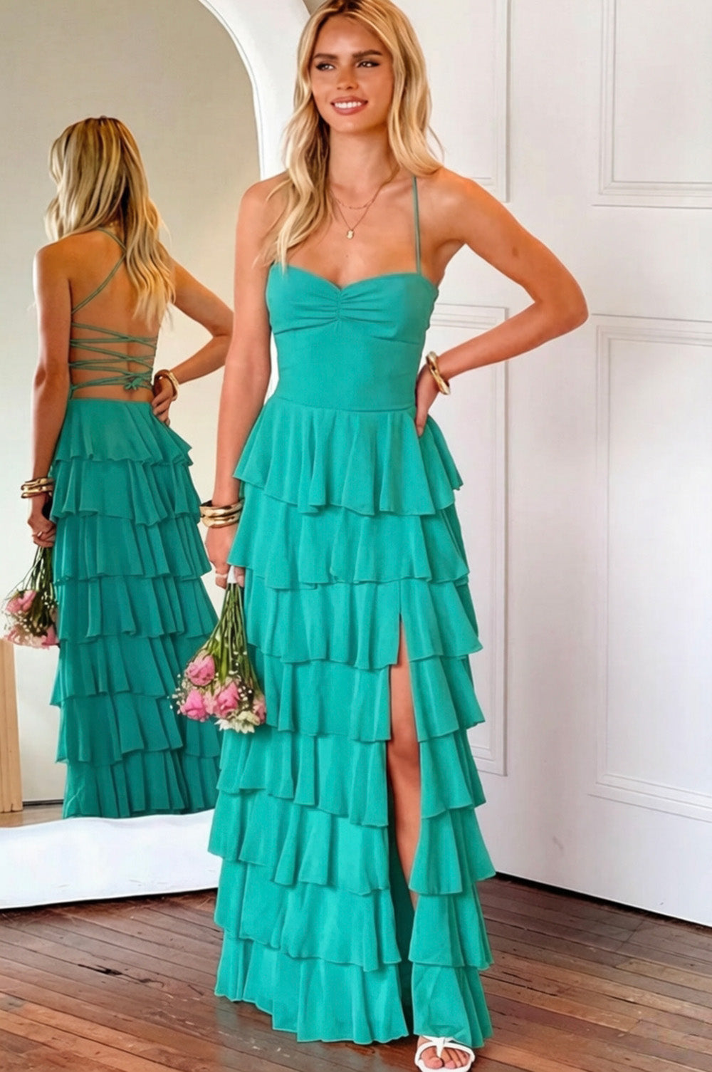 Pink Ruffle Tiered Spaghetti Straps Lace-Up Back Prom Dress with Slit