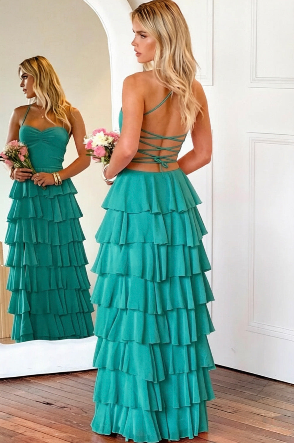 Pink Ruffle Tiered Spaghetti Straps Lace-Up Back Prom Dress with Slit