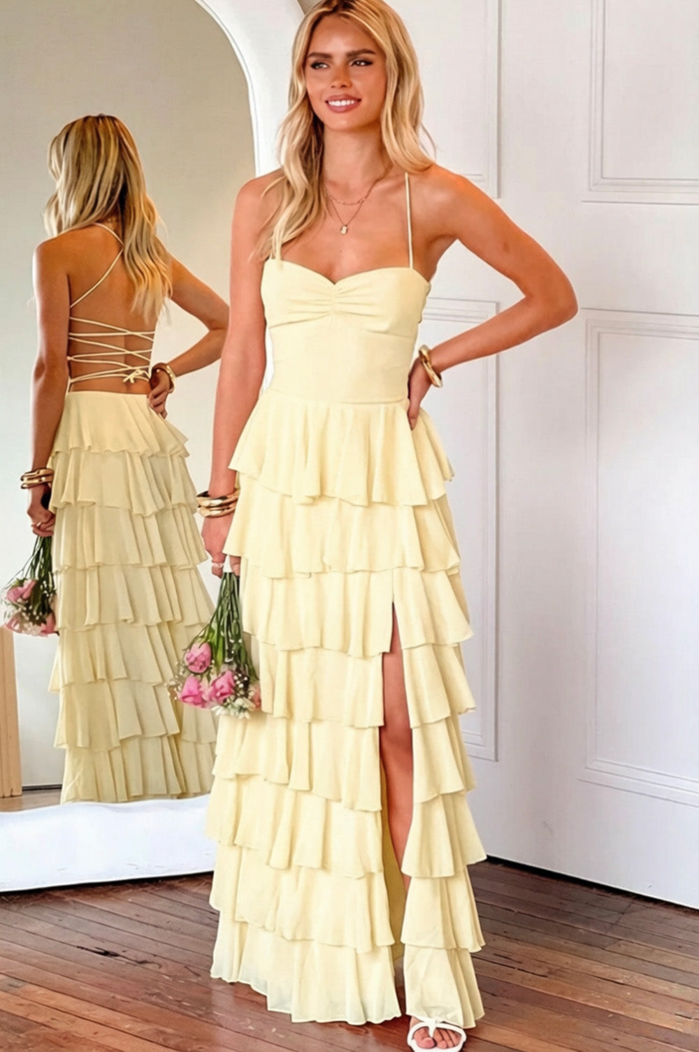 Pink Ruffle Tiered Spaghetti Straps Lace-Up Back Prom Dress with Slit