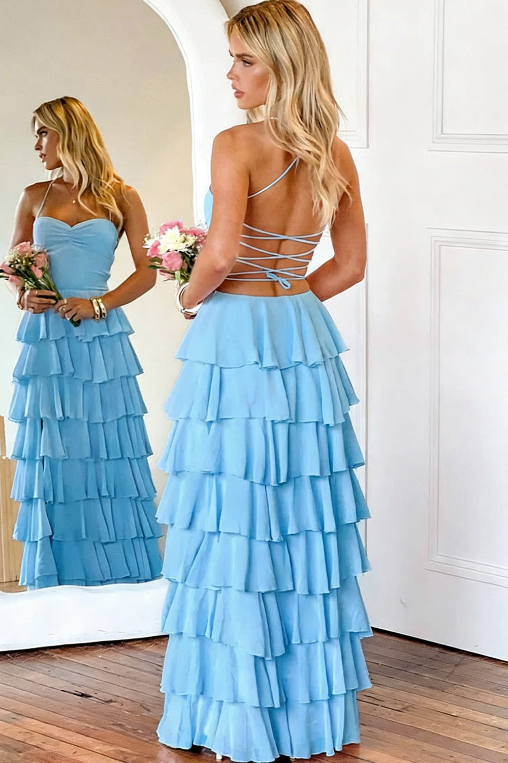 Pink Ruffle Tiered Spaghetti Straps Lace-Up Back Prom Dress with Slit