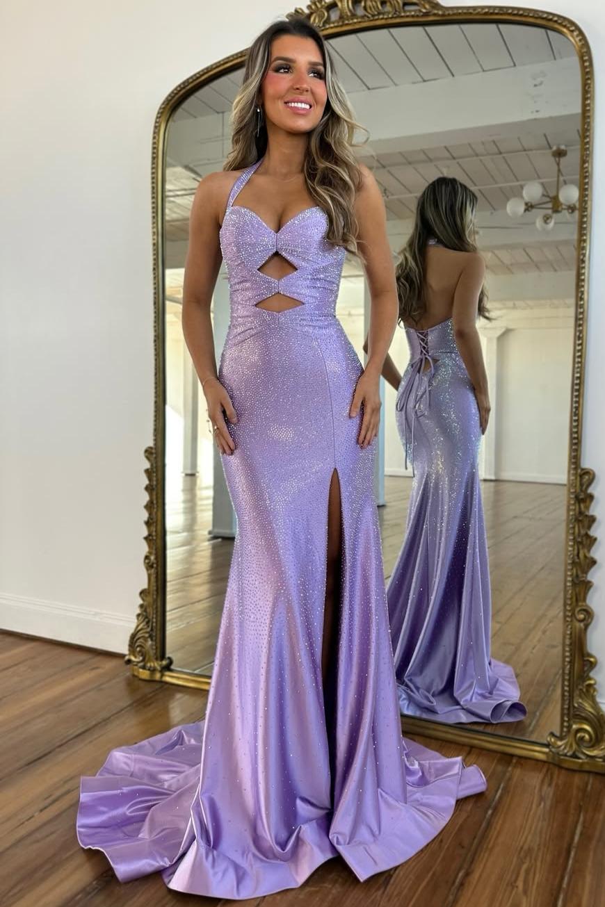 Sparkly Beaded Halter Neck Mermaid Prom Dress with Lace-Up Back