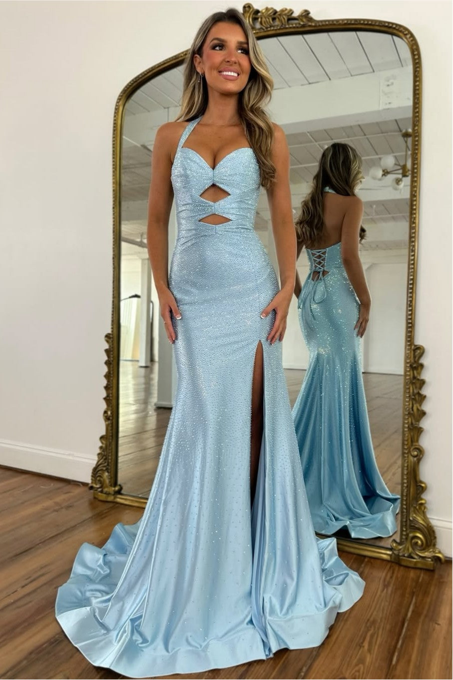 Sparkly Beaded Halter Neck Mermaid Prom Dress with Lace-Up Back
