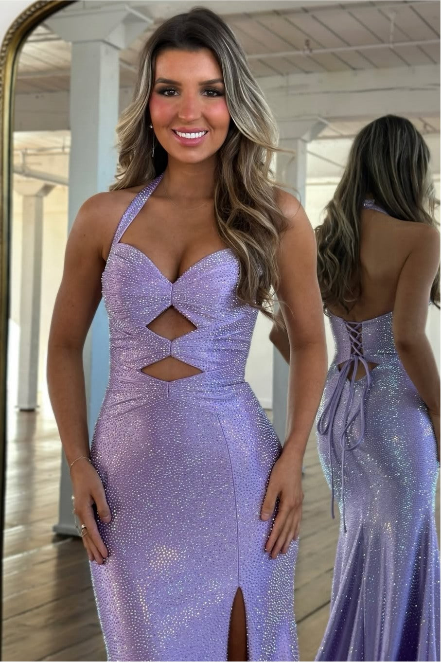 Sparkly Beaded Halter Neck Mermaid Prom Dress with Lace-Up Back