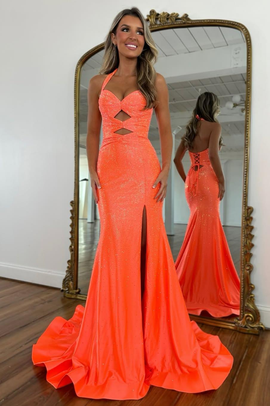 Sparkly Beaded Halter Neck Mermaid Prom Dress with Lace-Up Back