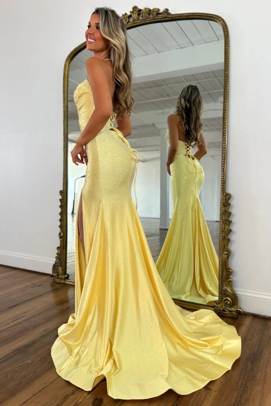 Sparkly Beaded Halter Neck Mermaid Prom Dress with Lace-Up Back
