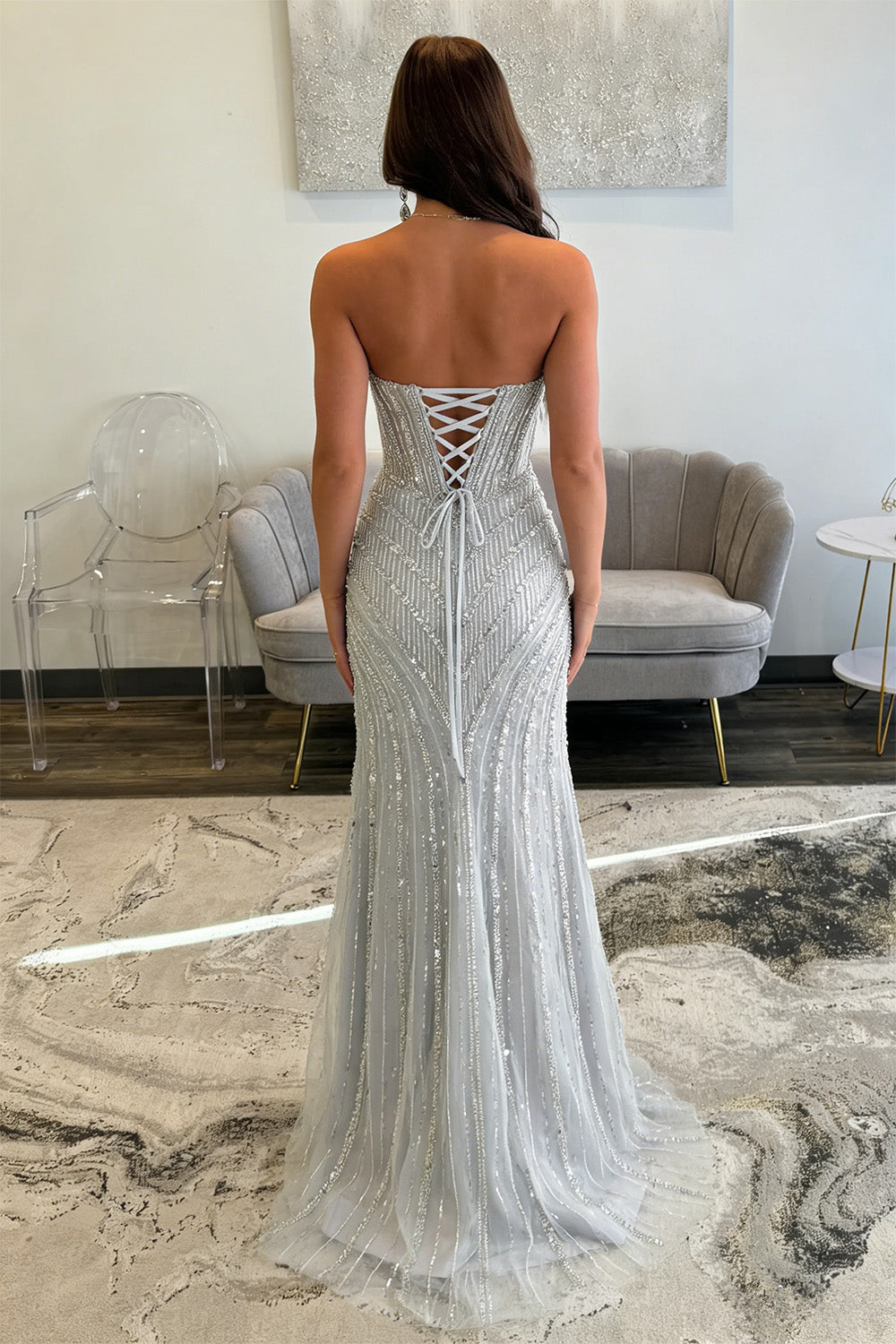 Sparkly Silver Beaded Mermaid Prom Dress with Deep V-Neck and Front Slit