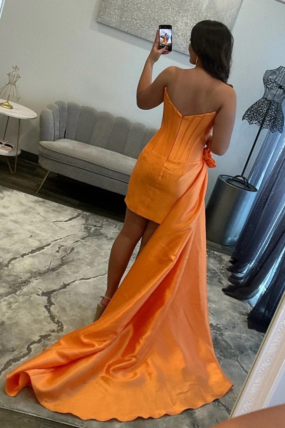 Orange Strapless Corset Homecoming Dress with Detachable Overskirt