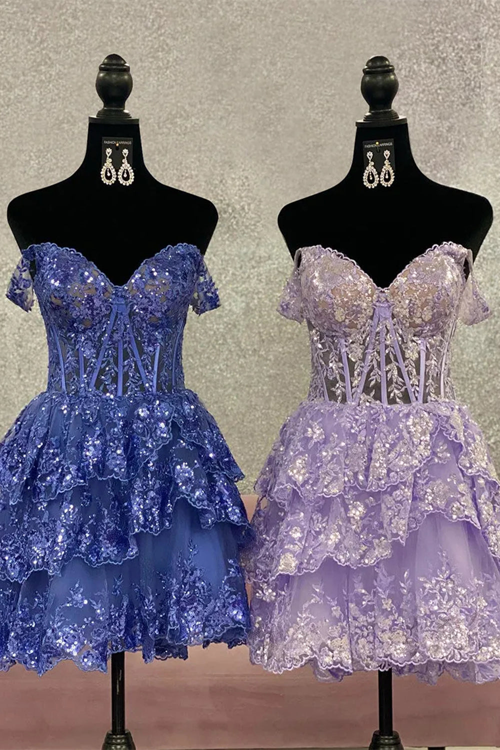 Sparkly A Line Homecoming Dress with Off the Shoulder Neckline Short Tiered Sequin Skirt