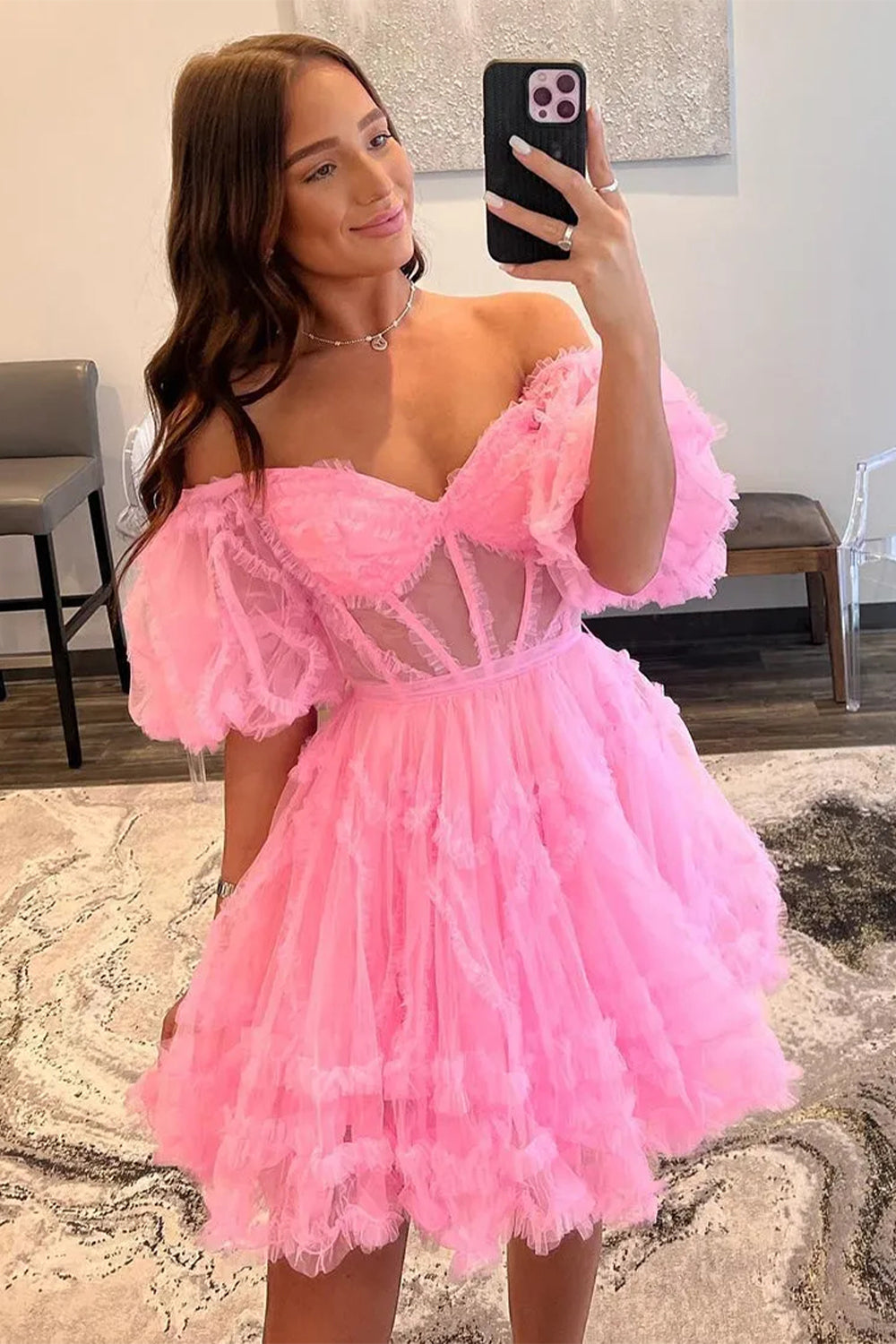Elegant Short Tulle Homecoming Dress with Off The Shoulder Neckline and A Line Silhouette
