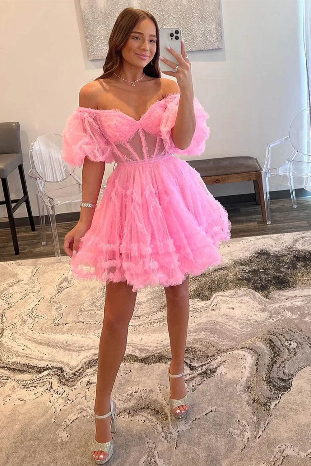Elegant Short Tulle Homecoming Dress with Off The Shoulder Neckline and A Line Silhouette