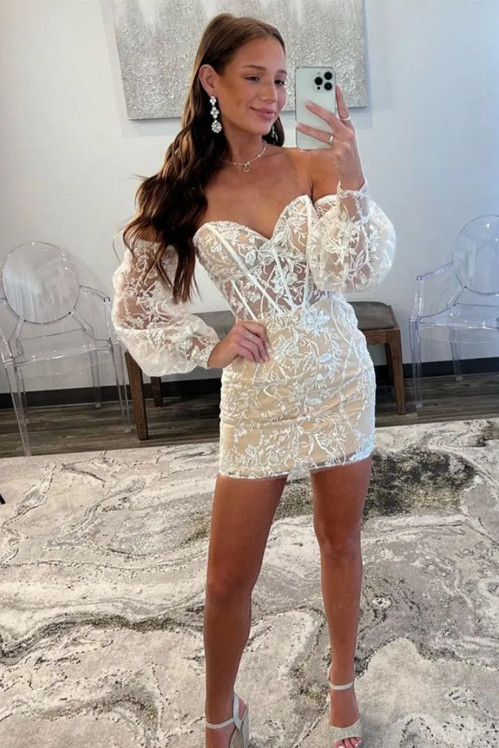 Fitted Lace Homecoming Dress with Sweetheart Neck and Detachable Sleeves