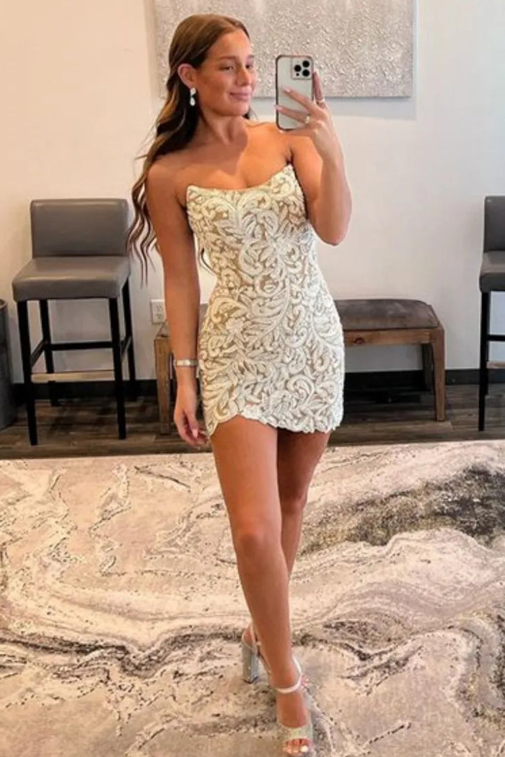 Champagne Strapless Bodycon Short Dress with Beaded Details Homecoming Dress