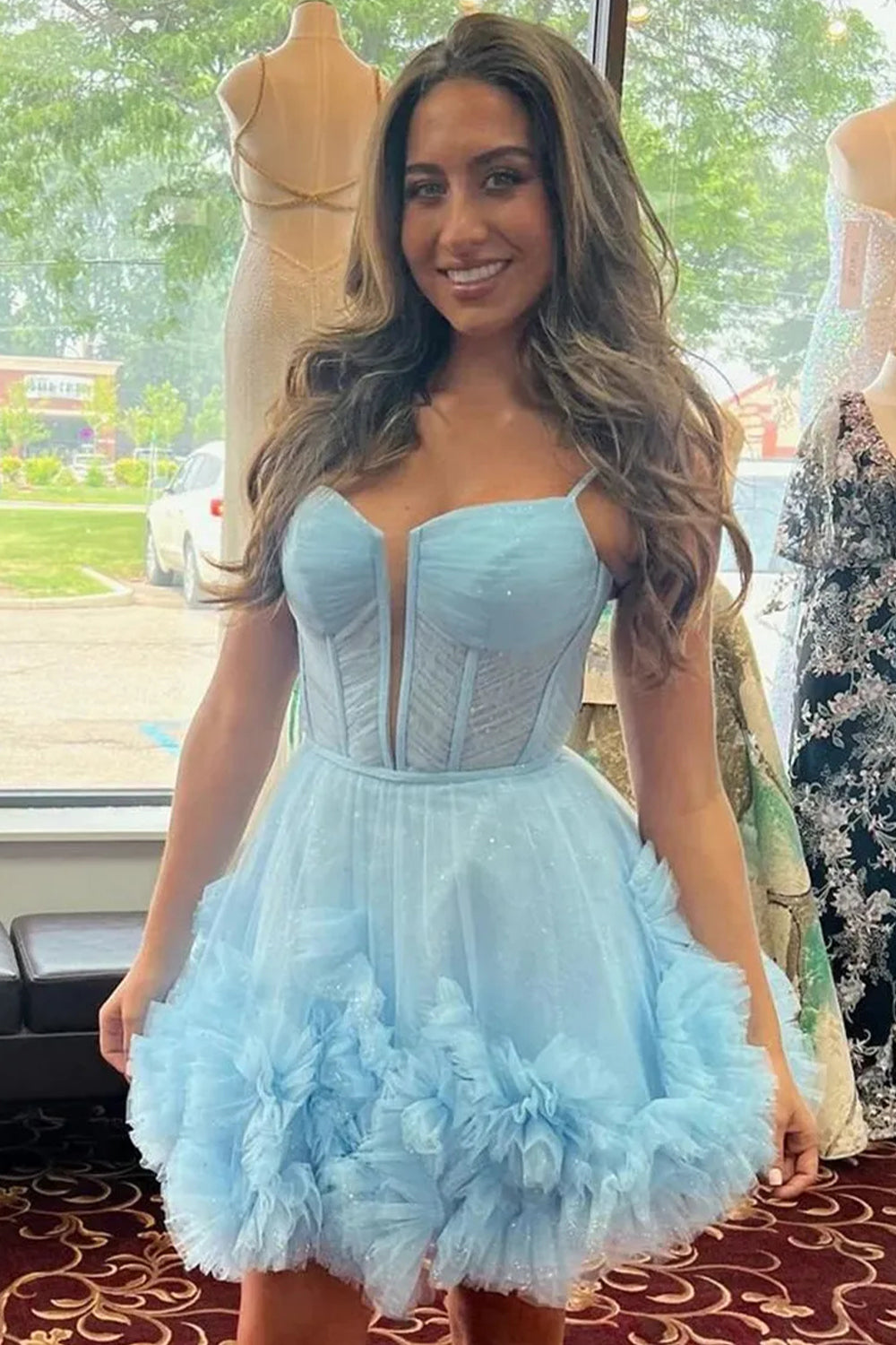 Cute A-Line Tulle Dress with Spaghetti Straps Lace-Up Back and Ruffle Detail Homecoming Dress