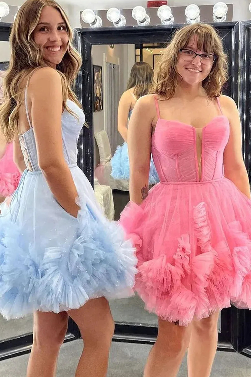 Cute A-Line Tulle Dress with Spaghetti Straps Lace-Up Back and Ruffle Detail Homecoming Dress