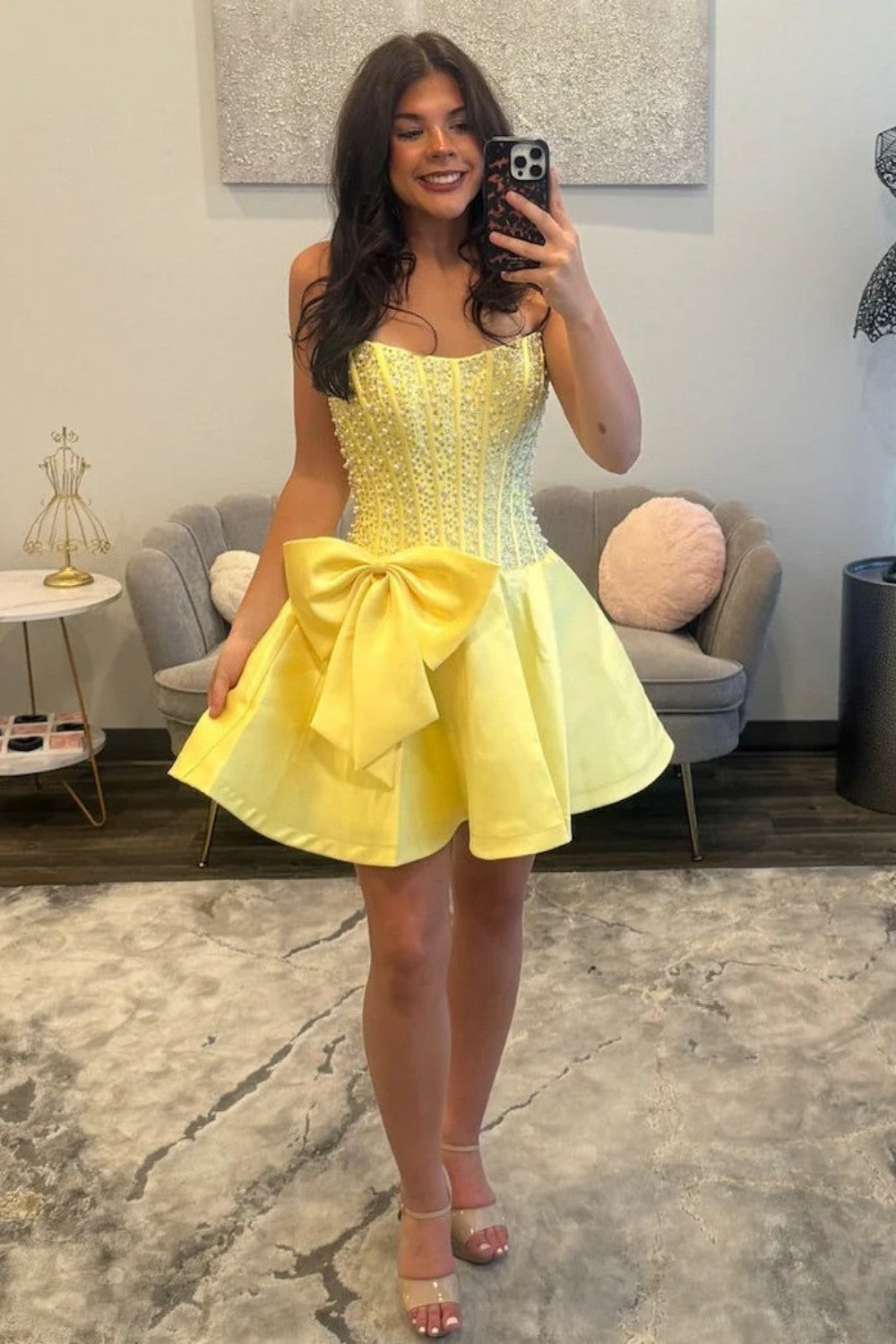Pearl Embellished Strapless Corset Fit & Flare Homecoming Dress with Bow