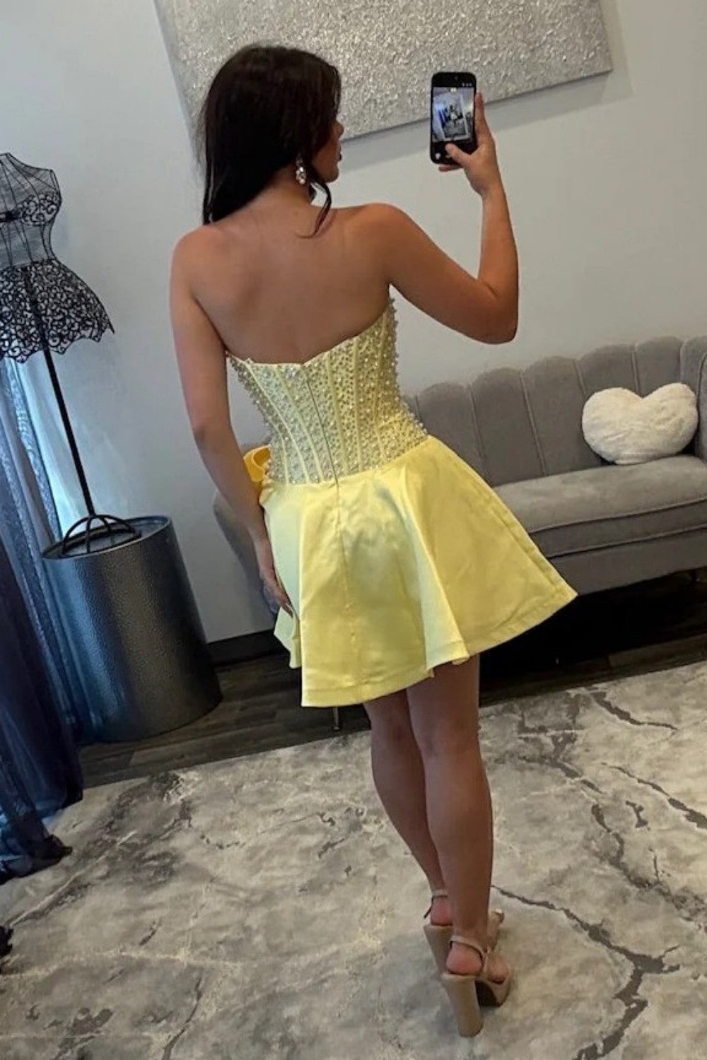 Pearl Embellished Strapless Corset Fit & Flare Homecoming Dress with Bow