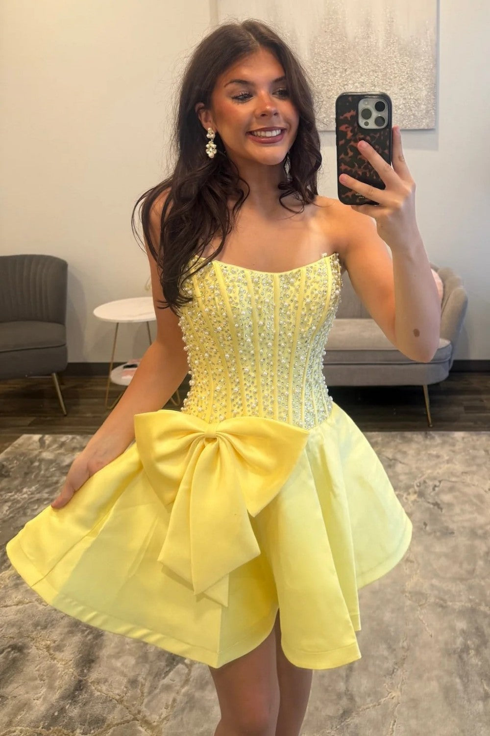 Pearl Embellished Strapless Corset Fit & Flare Homecoming Dress with Bow