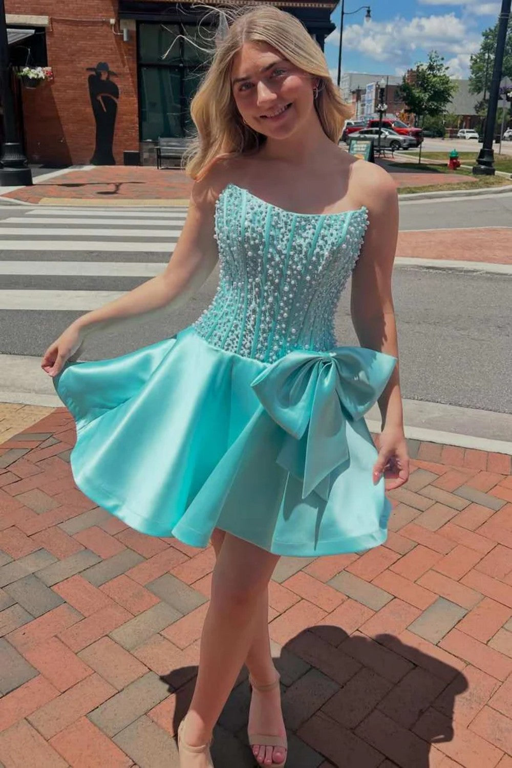 Pearl Embellished Strapless Corset Fit & Flare Homecoming Dress with Bow