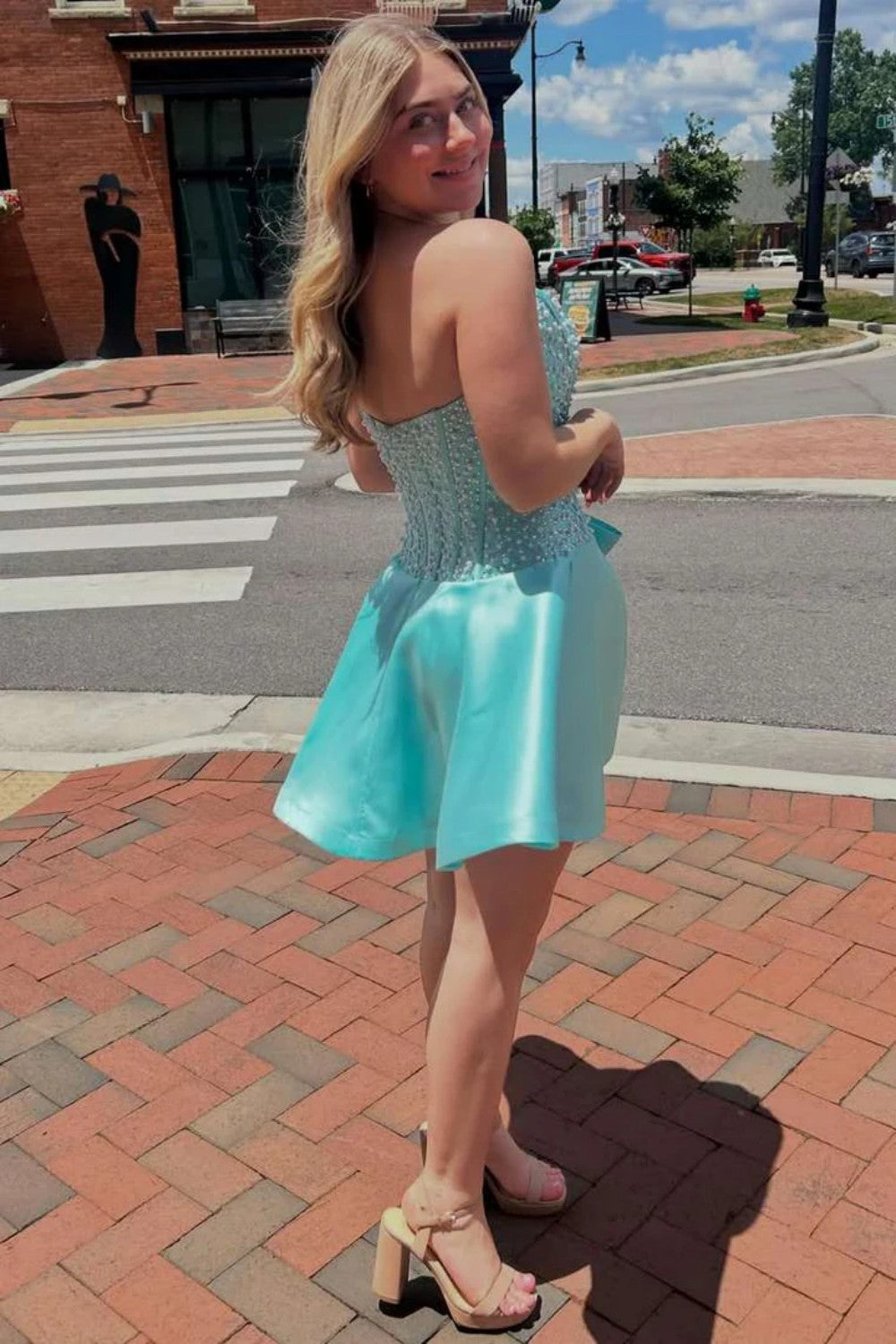 Pearl Embellished Strapless Corset Fit & Flare Homecoming Dress with Bow