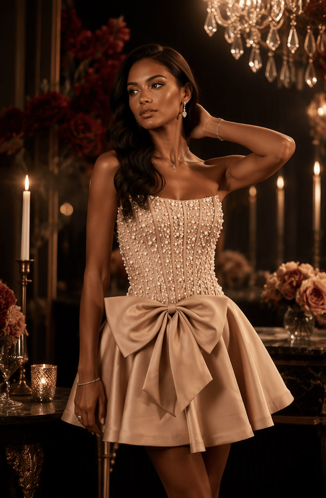 Pearl Embellished Strapless Corset Fit & Flare Homecoming Dress with Bow