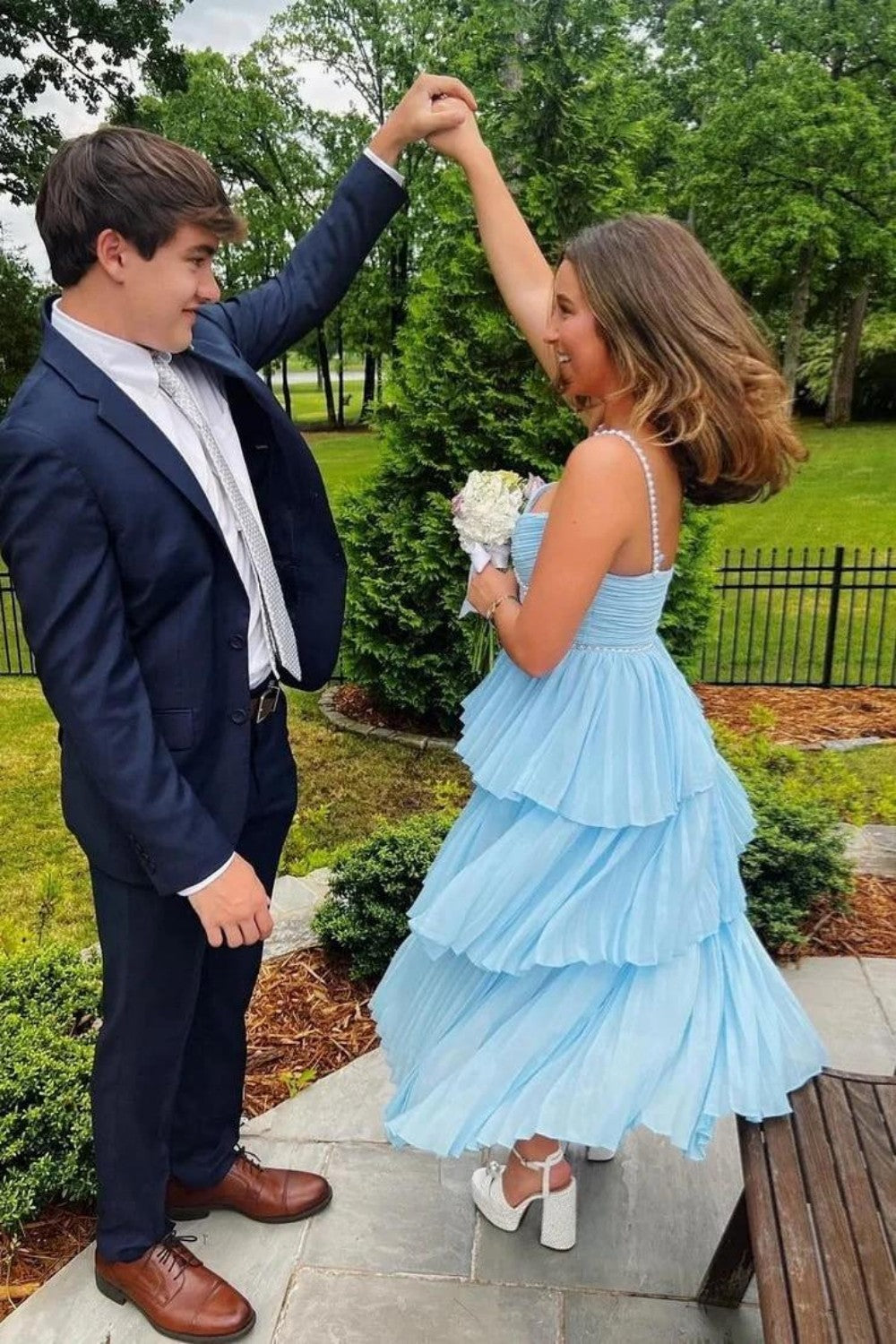 Pearl Embellished Light Blue Flowy Pleated Prom Dress with Chiffon Skirt