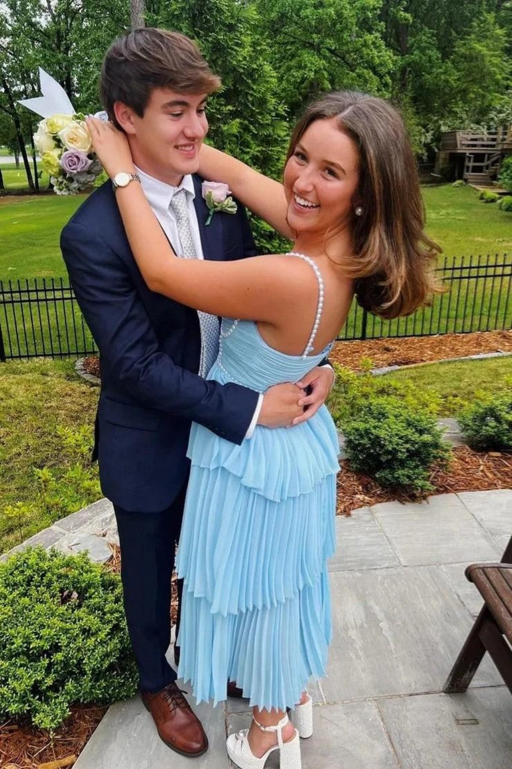 Pearl Embellished Light Blue Flowy Pleated Prom Dress with Chiffon Skirt