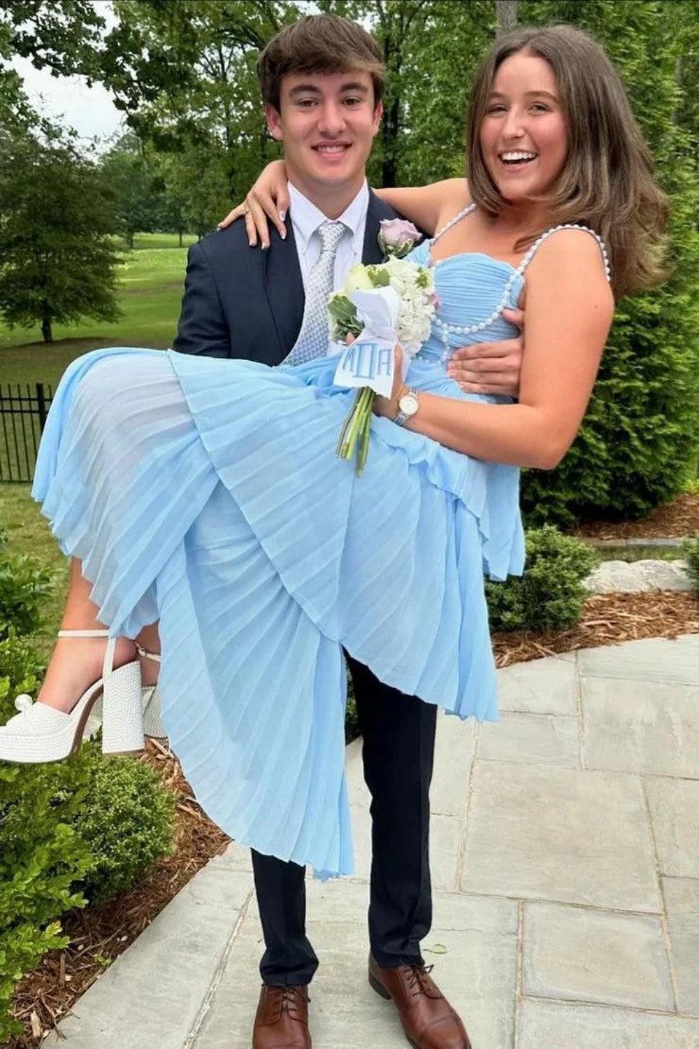 Pearl Embellished Light Blue Flowy Pleated Prom Dress with Chiffon Skirt