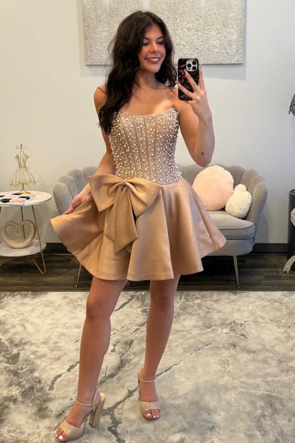 Pearl Embellished Strapless Corset Fit & Flare Homecoming Dress with Bow
