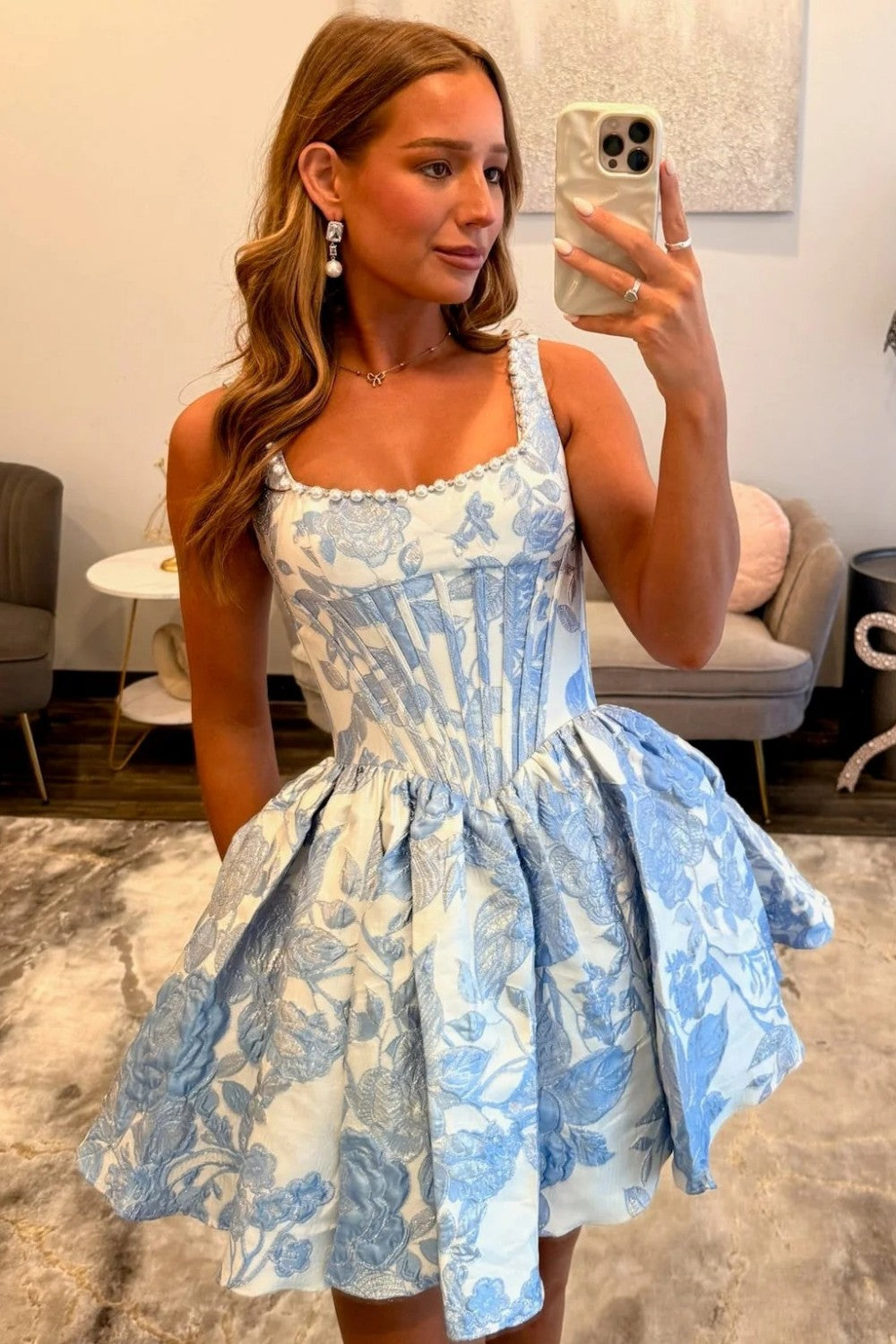 Pink Floral Jacquard A-Line Square Neck Corset Mini Homecoming Dress