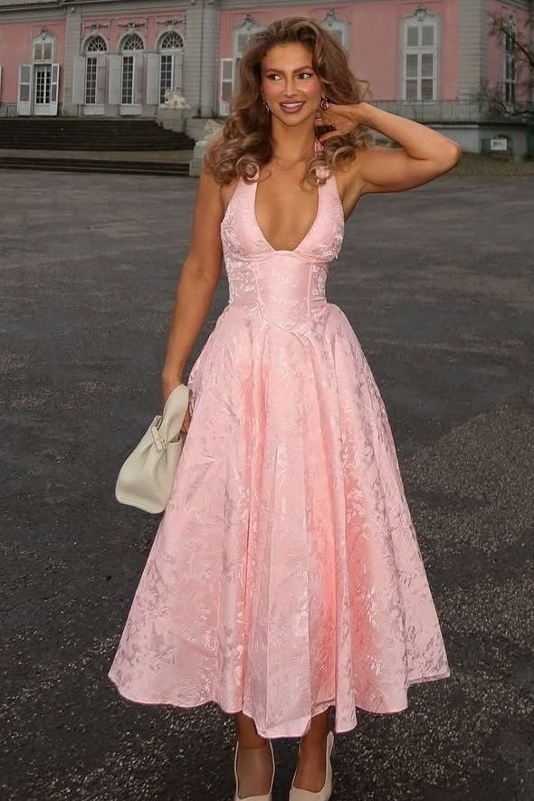 White Halter A-Line Jacquard Midi Prom Dress with Structured Corset Bodice