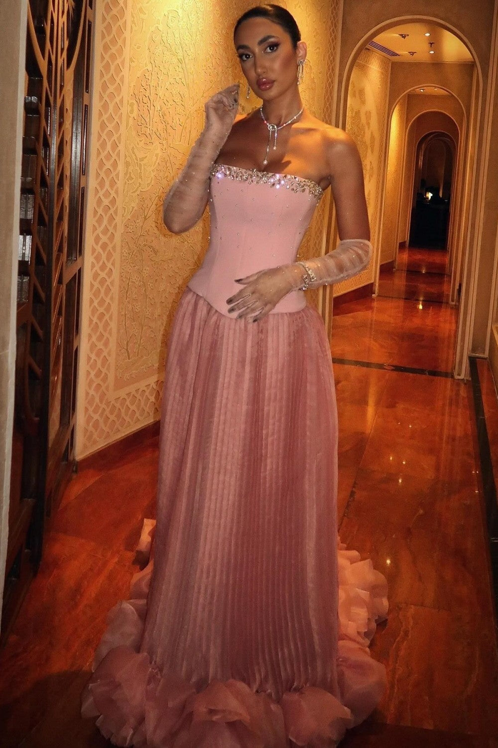 Pink Strapless Corset Prom Dress with Beaded Bodice and Tulle Skirt