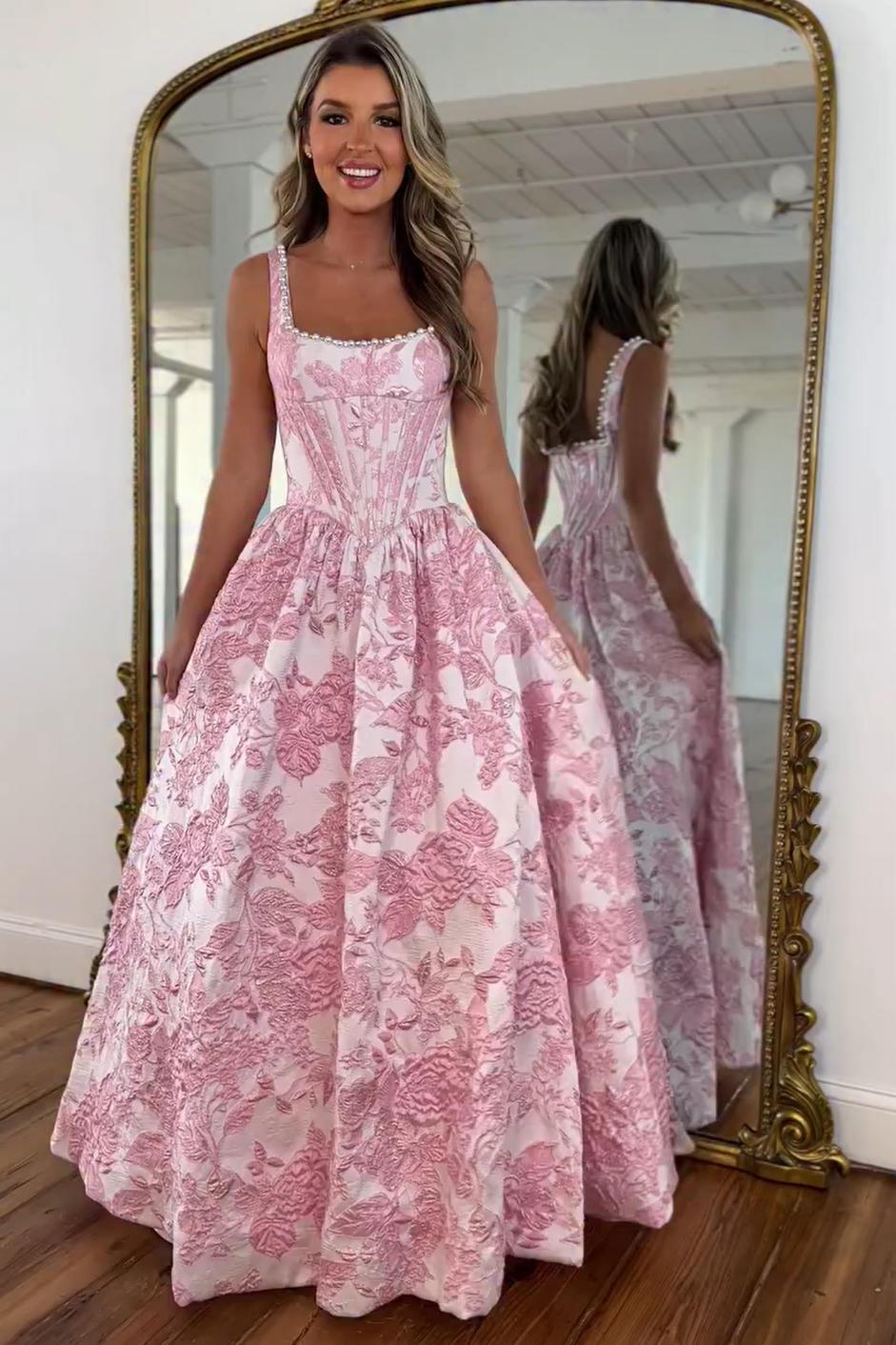 Pink Floral Corset Ball Gown Prom Dress with Pearl Beaded Straps