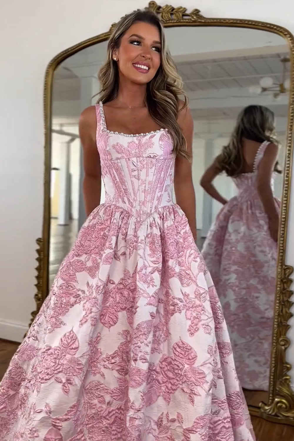 Pink Floral Corset Ball Gown Prom Dress with Pearl Beaded Straps