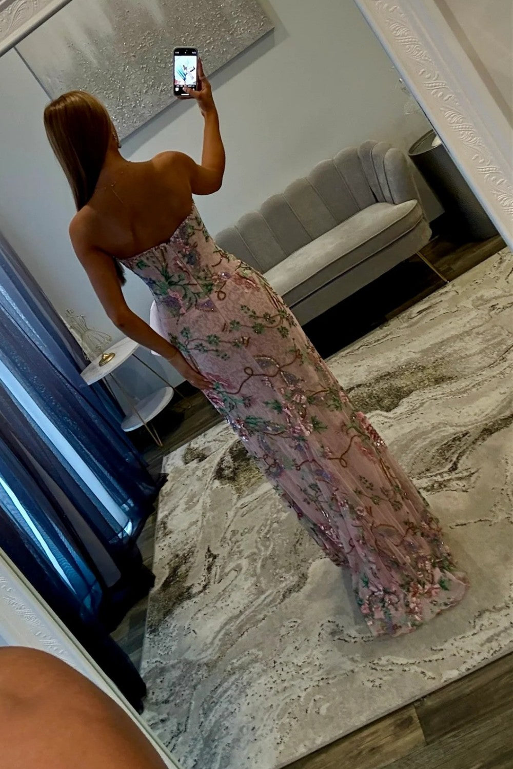 Pink Floral Embroidered Strapless Corset Prom Dress with Bow Detail and High Slit