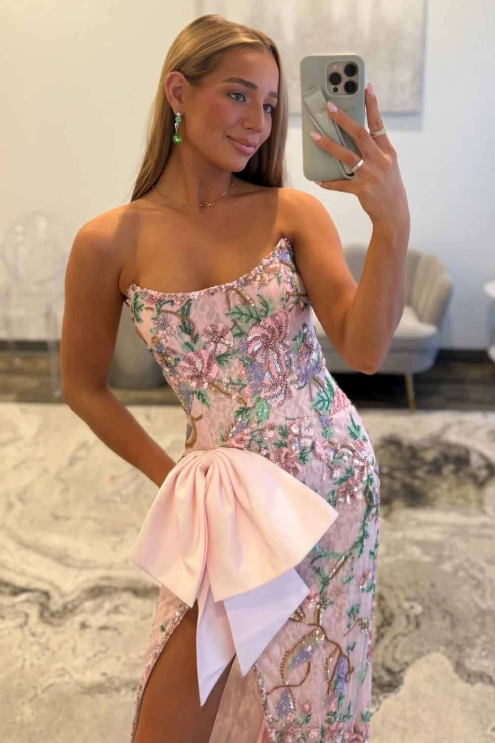 Pink Floral Embroidered Strapless Corset Prom Dress with Bow Detail and High Slit