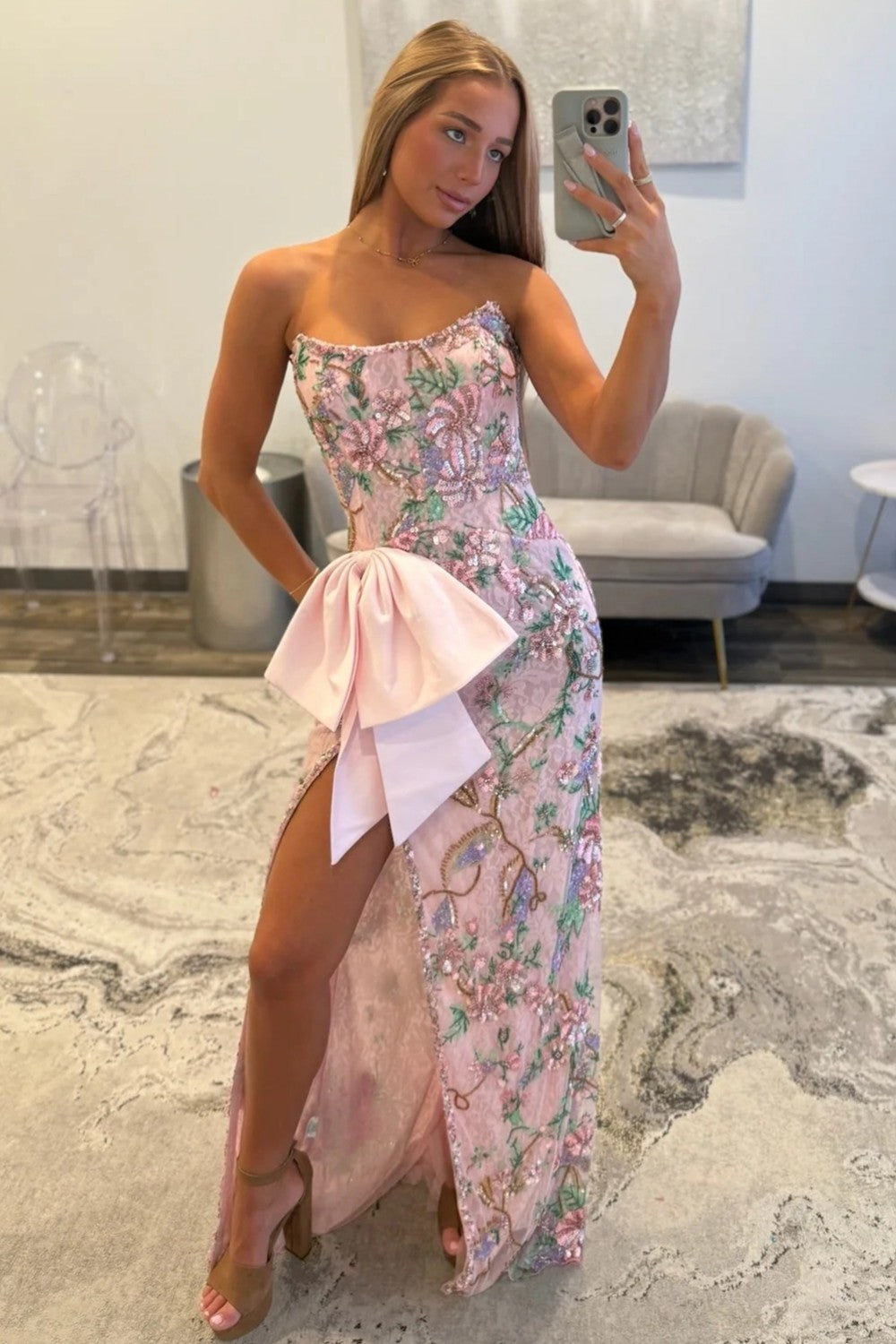 Pink Floral Embroidered Strapless Corset Prom Dress with Bow Detail and High Slit