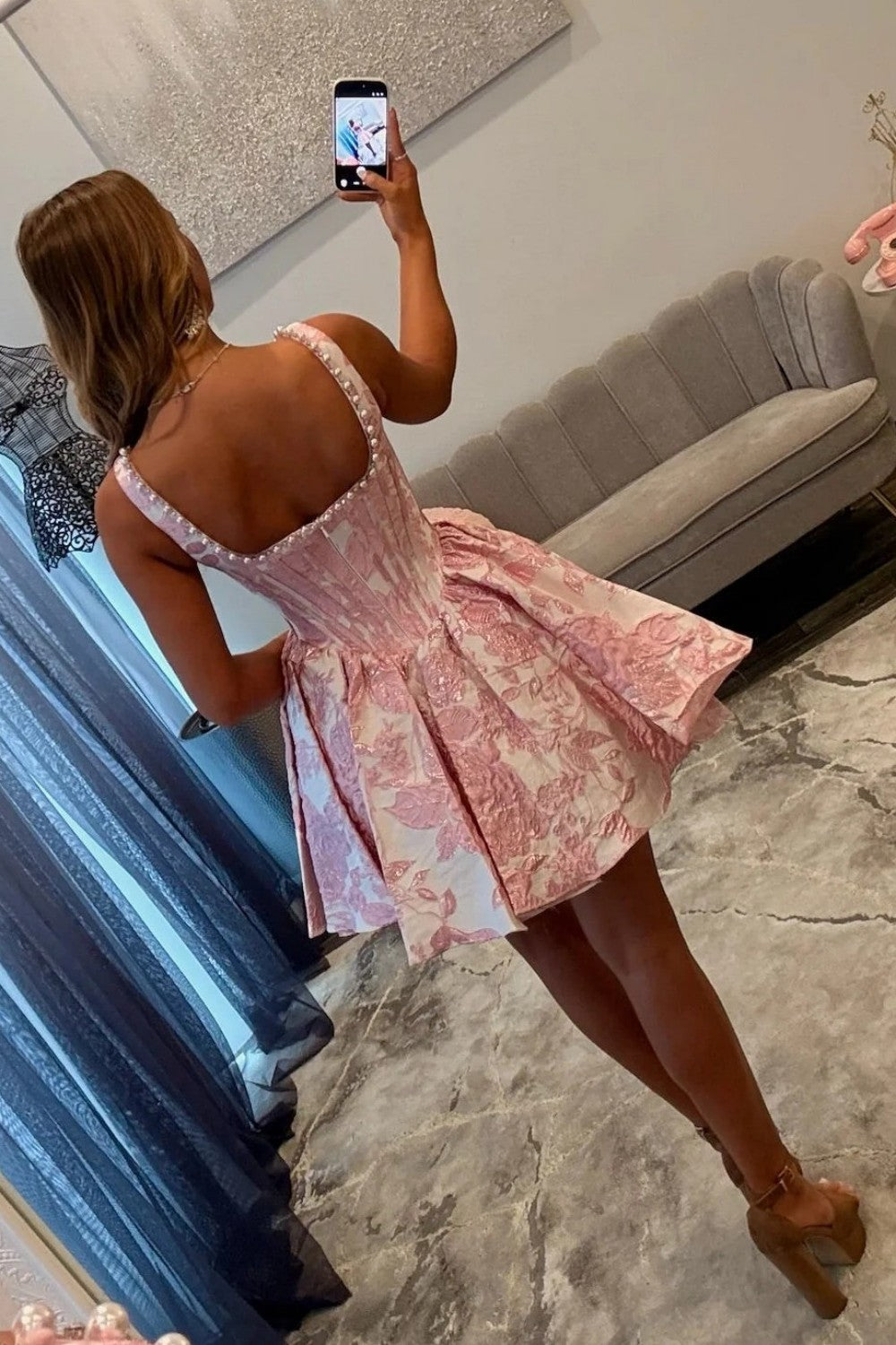 Floral Jacquard Homecoming Dress with Corset Bodice and Flared A-Line Skirt