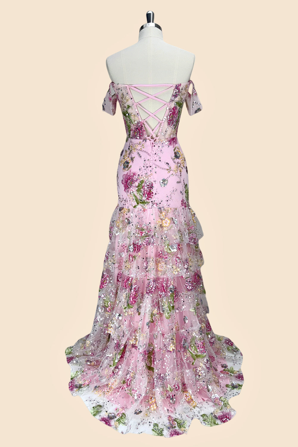 Pink Floral Off Shoulder Corset Mermaid Prom Dress with Slit and Lace Up Back