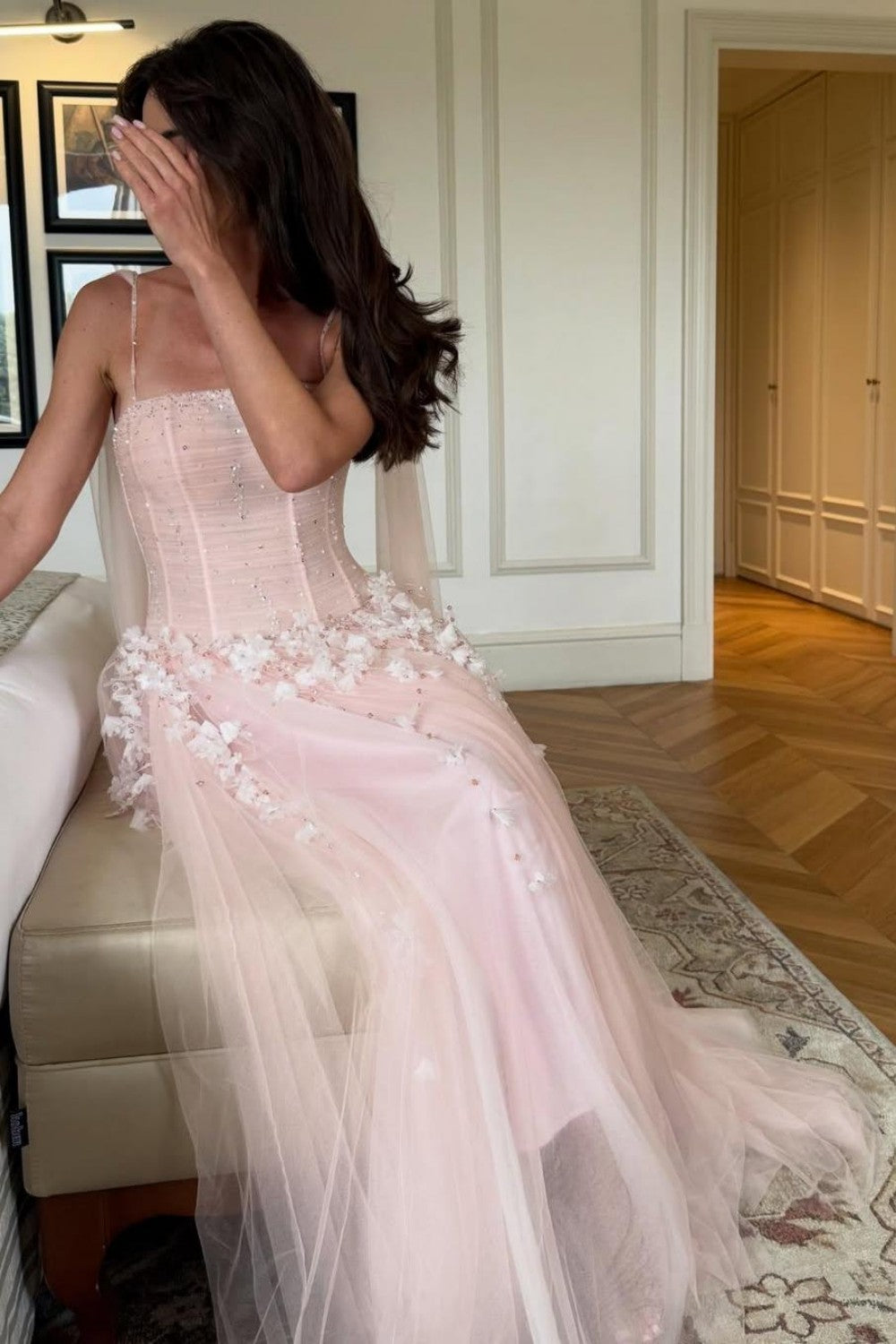 Pink Floral Spaghetti Straps Tulle Ball Gown Prom Dress with Corset Bodice