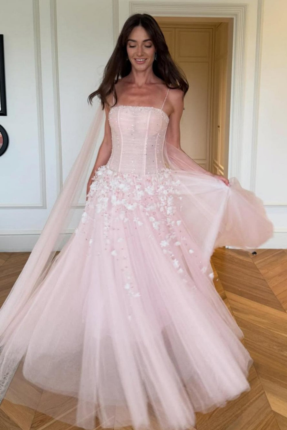 Pink Floral Spaghetti Straps Tulle Ball Gown Prom Dress with Corset Bodice
