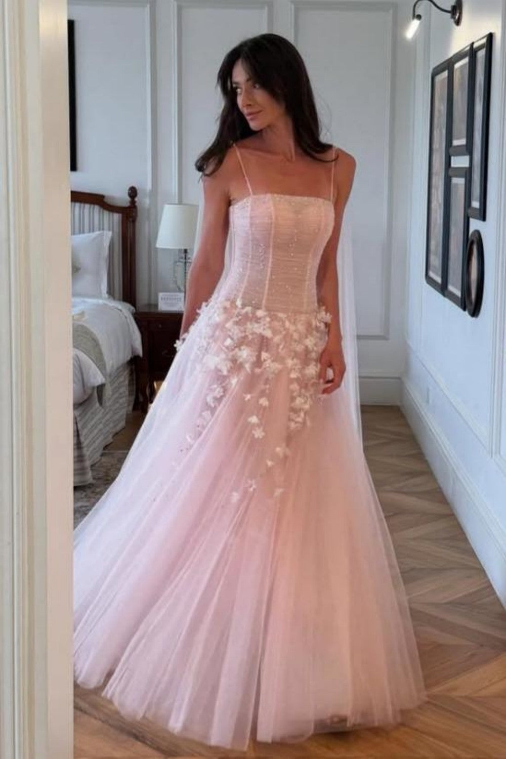 Pink Floral Spaghetti Straps Tulle Ball Gown Prom Dress with Corset Bodice