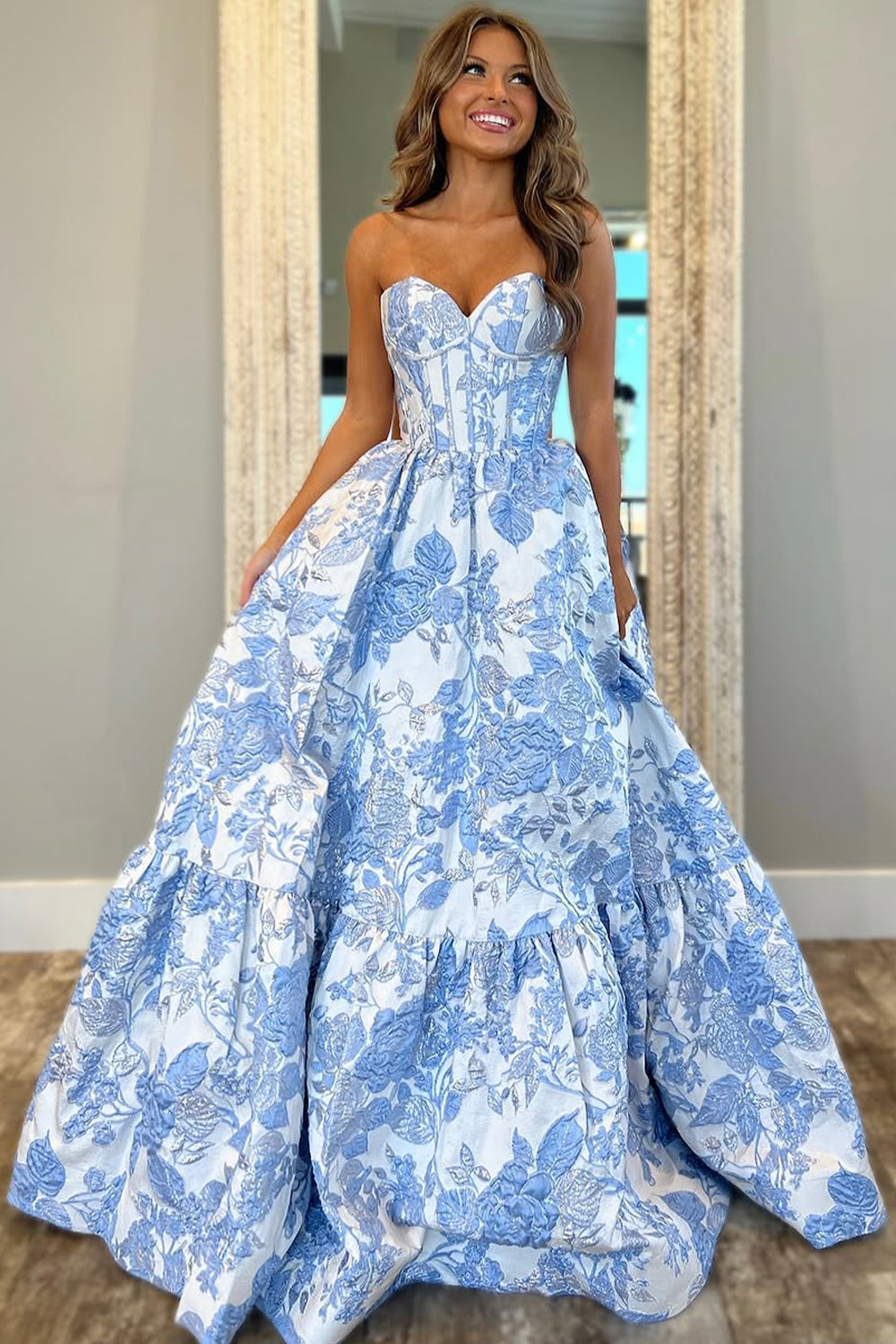 Light Blue Lovely Sweetheart Zipper Back A-Line Long Print Prom Party Dress