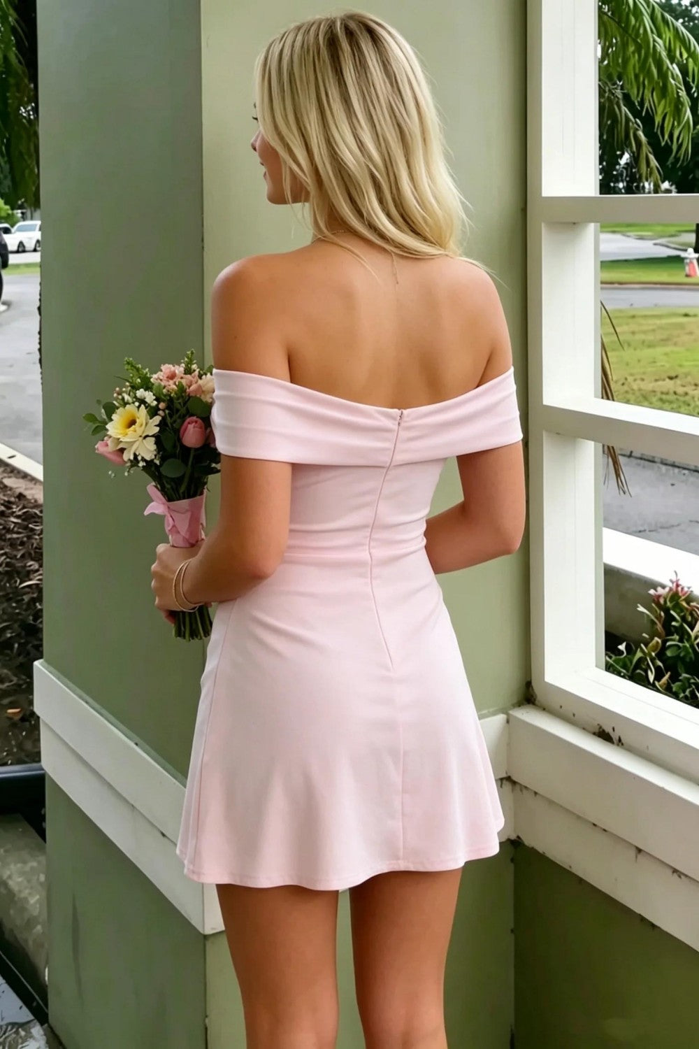 Pink Off Shoulder Homecoming Dress with Ruched Bodice and Side Slit