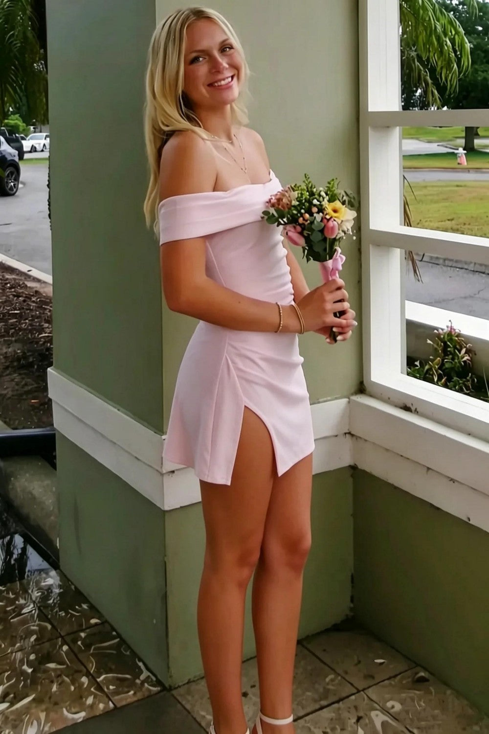 Pink Off Shoulder Homecoming Dress with Ruched Bodice and Side Slit