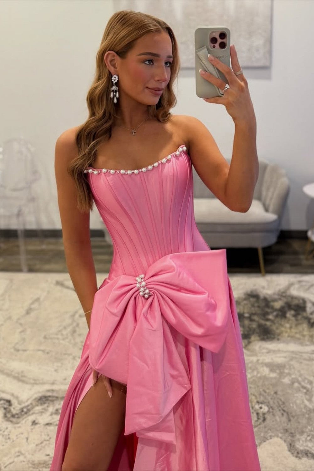 Pink Strapless Satin Prom Dress with Corset Bodice and Bow