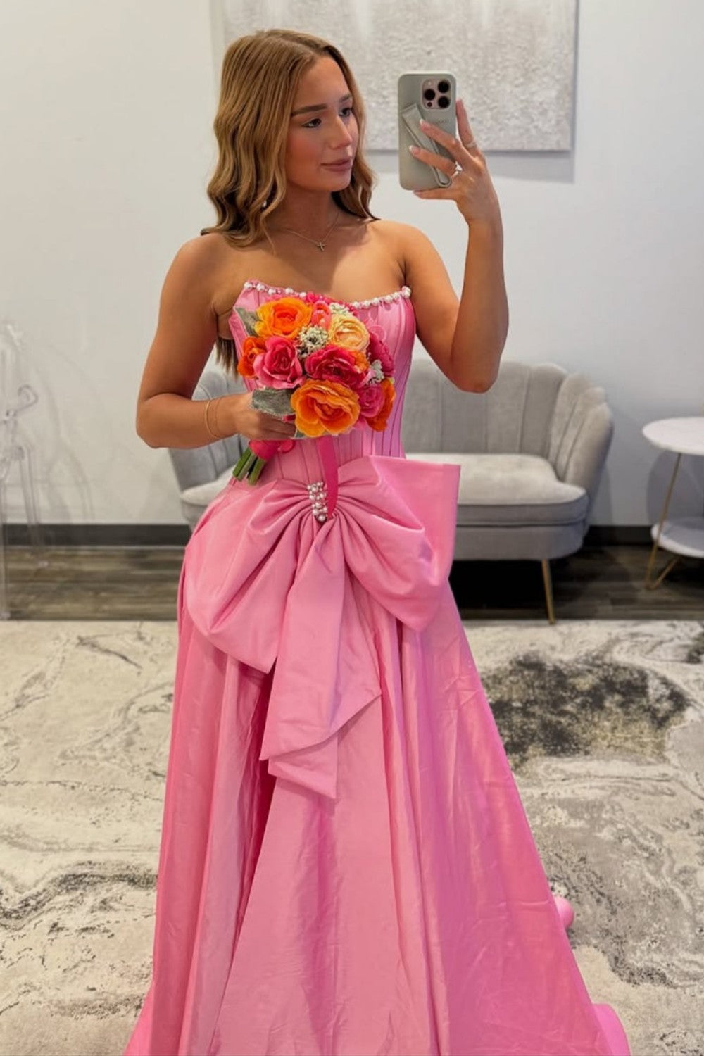 Pink Strapless Satin Prom Dress with Corset Bodice and Bow