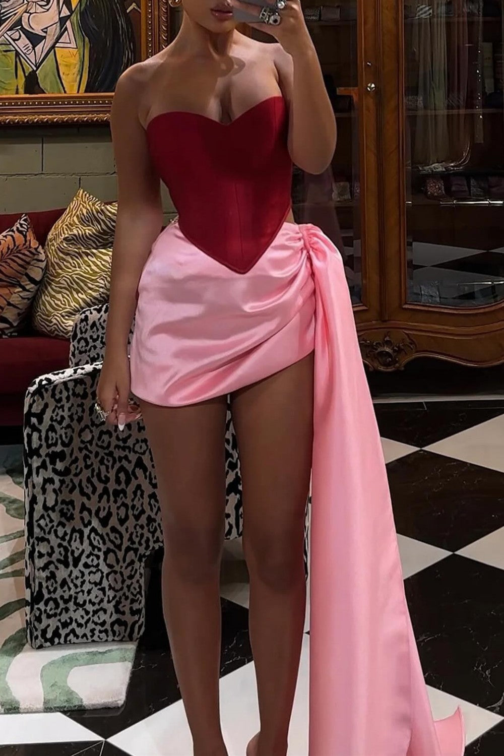 Pink Satin Mini Homecoming Dress with Sweetheart Corset Top and Side Train